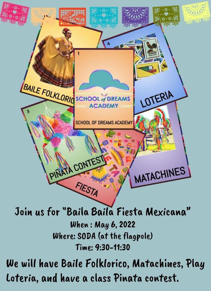 Image is a Flyer for "Baila, Baila Fiesta Mexicana"
