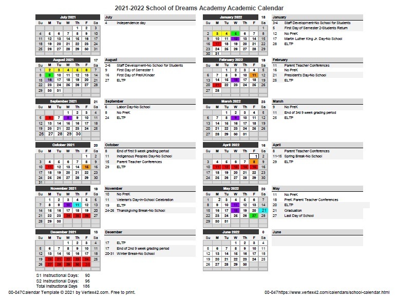 School of Dreams Academy Academic Calendar noting grading periods, holidays, extended learning days and staff development. 