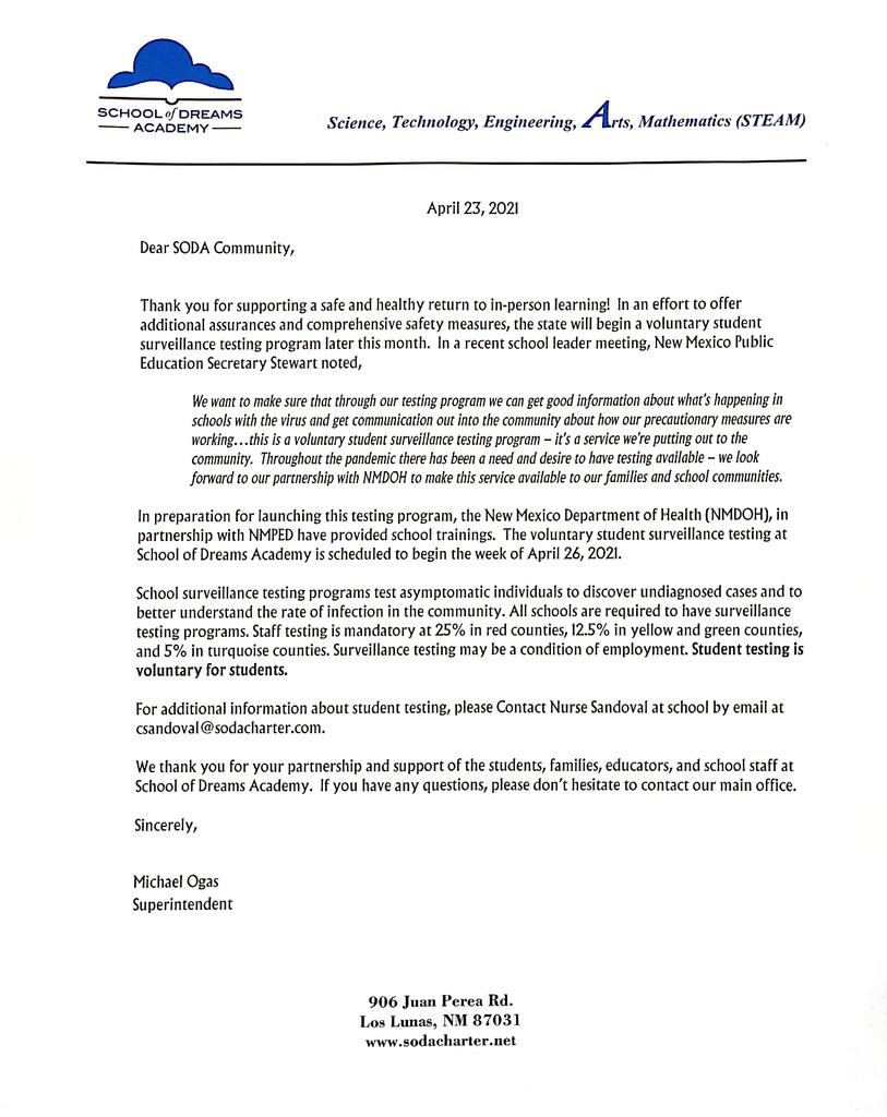Letter to Community regarding the student surveillance testing for COVID-19 
