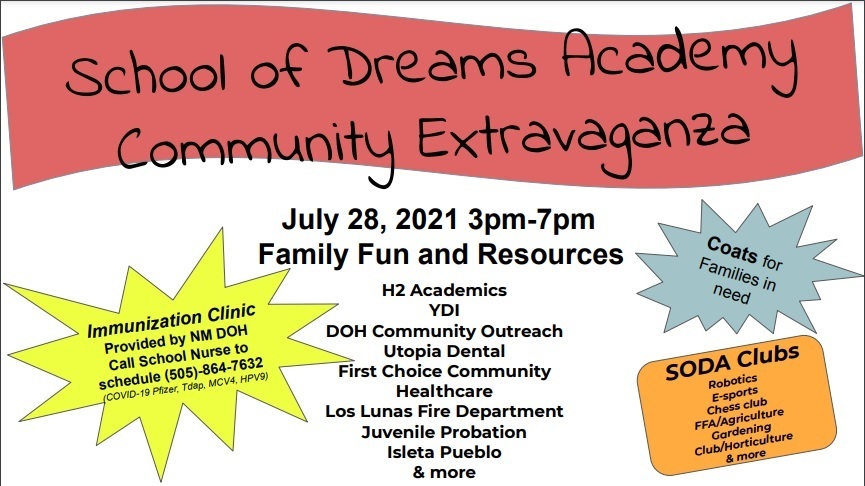 S.O.D.A. Community Extravaganza Flyer providing details about the immunization clinic, family fun, resources, and clubs that will be available on July 28th from 3 to 7 pm. 