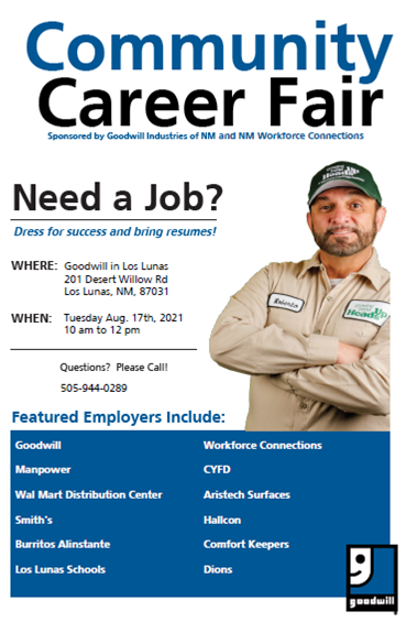 Community Career Fair Flyer for August 17th from 10 am to 12 pm at Goodwill in Los Lunas.
