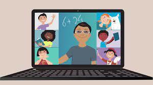 Clipart of an educator teaching math to six student via a virtual conference.  