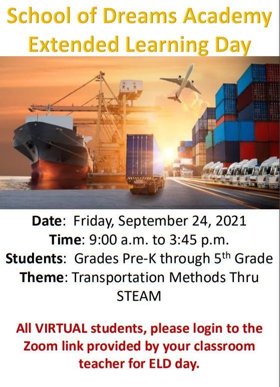 Image is a flyer of Elementary extended learning day titled Transportation