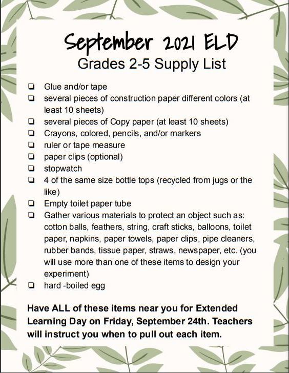 Image is the Elementary Extended Learning Day Supply List