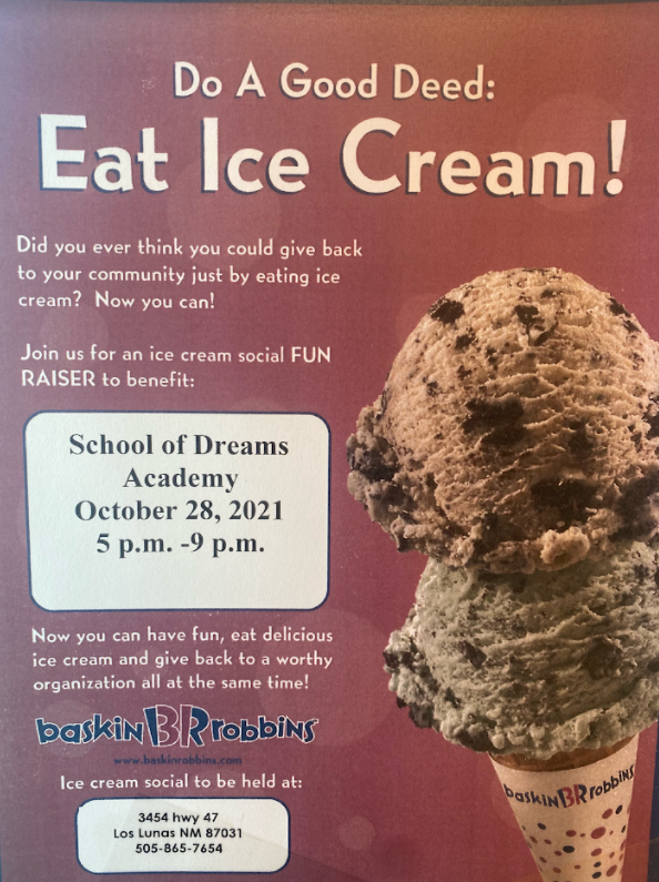 Image is a flyer with ice cream advertising for a fundraiser for class of 2022 at Baskin Robins