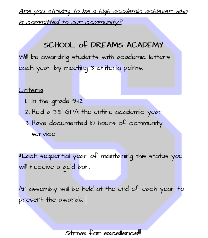 School of Dreams Academic Letters Criteria