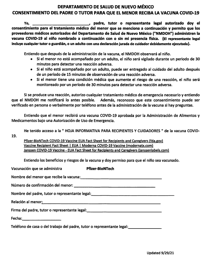 NMDOH Consent Form for COVID19 Administration to Minors - Spanish
