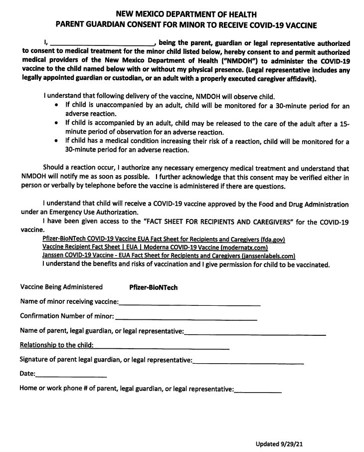 NMDOH Consent Form for COVID19 Administration to Minors - English