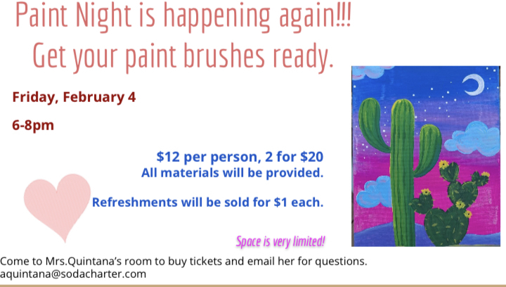 Image is a flyer for paint night on Friday February 4th 6-8pm