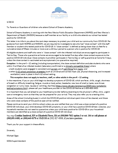 Letter to Community regarding on Campus Exposures.