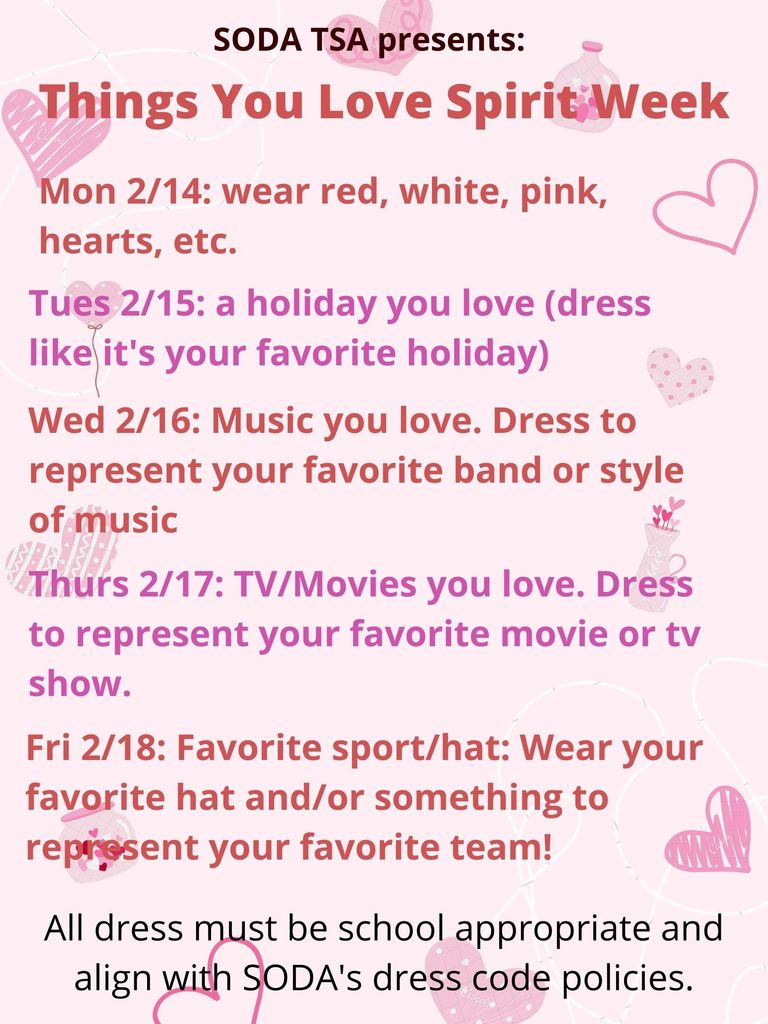 Spirit Week Flyer that describes what students wear each day.