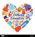 Image is a heart shaped out of clothing with the words clothing donation in center
