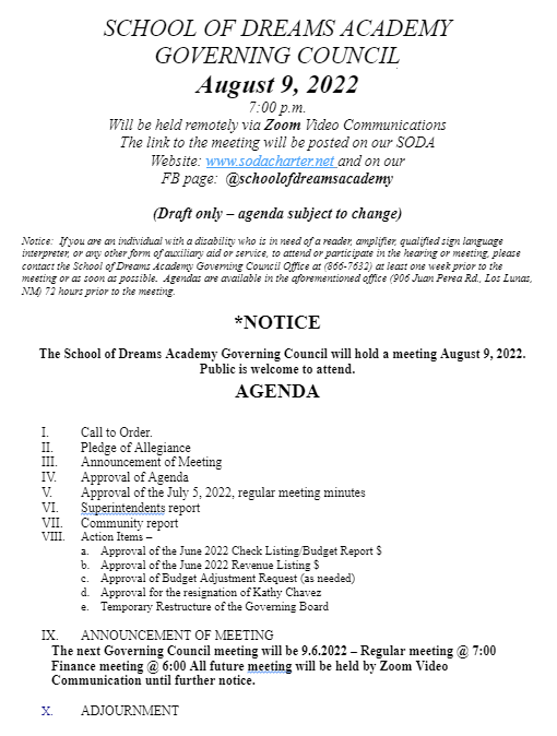 Aug 9th Governing Council Agenda