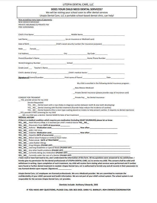 Utopia Dental Permission Form and Consent for Treatment